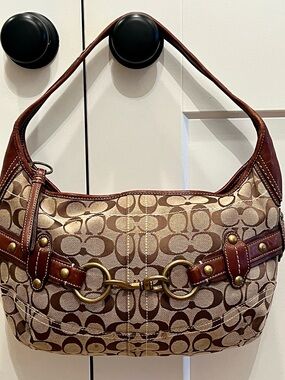Coach Brown and Tan Signature Canvas Shoulder Bag with Brass Accents